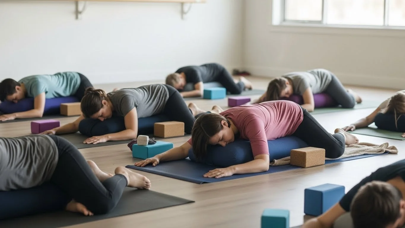 Diverse group of adults practicing yin yoga with supported floor poses, using bolsters and blankets for deep relaxation and release