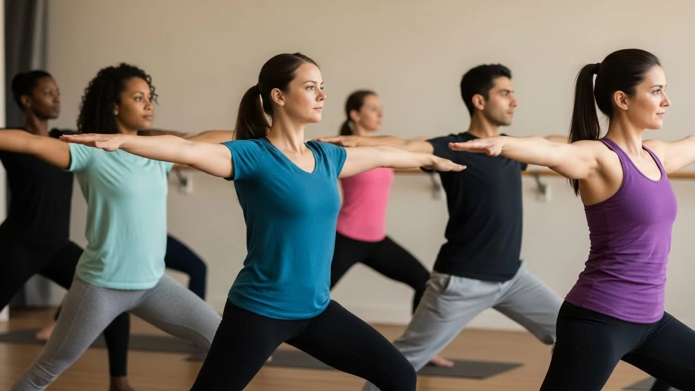 Diverse group of adults practicing a gentle yoga class in Warrior I pose, moving calmly with relaxed focus in a neutral studio space.