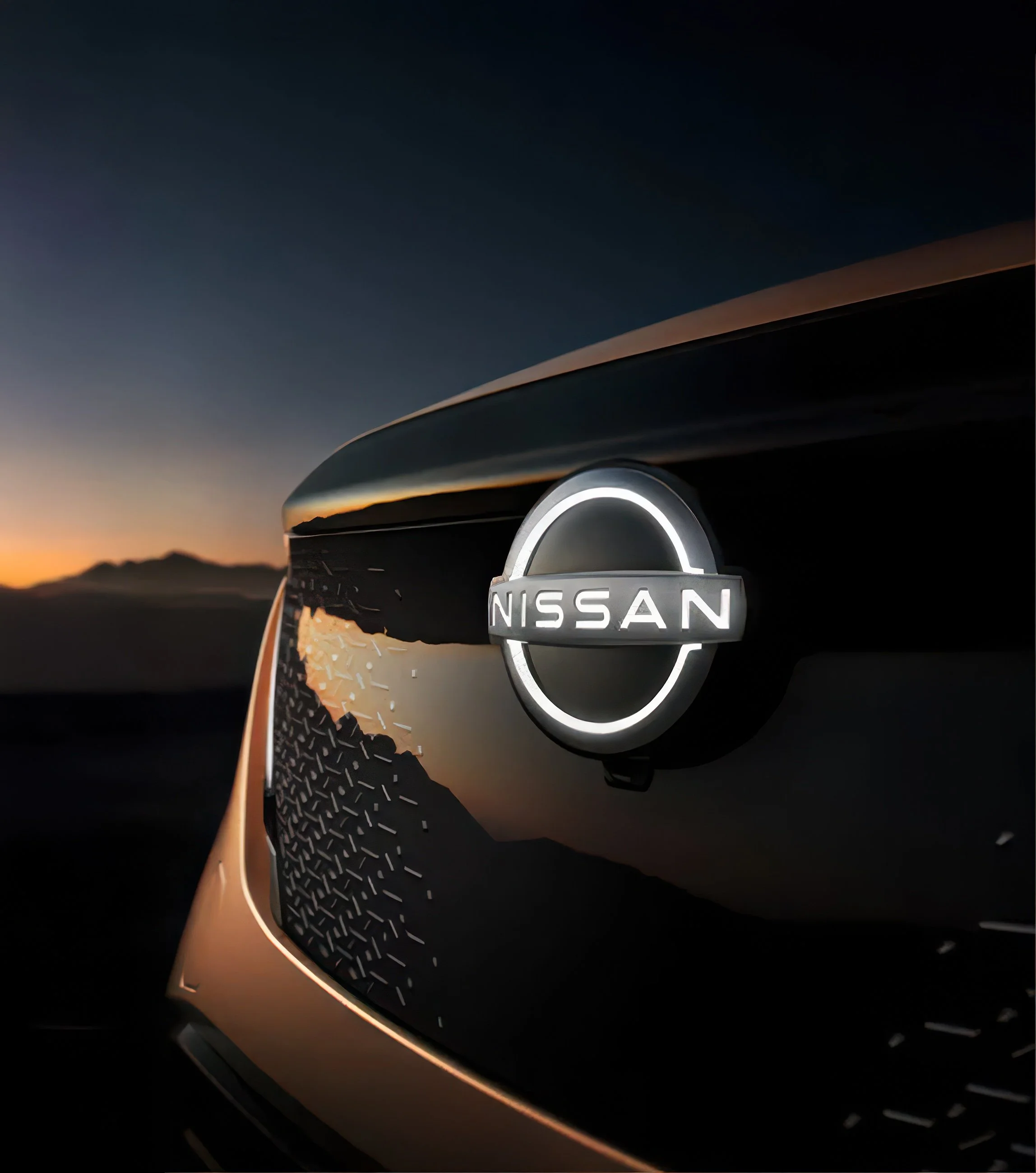 Nissan Ariya — exterior emblem at sunset
