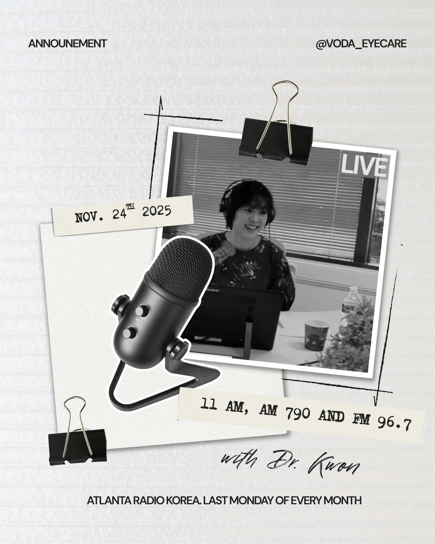 🎙️ Dr. Kwon on Air &mdash; Coming This Monday!

Wondering what eye-health topic Dr. Kwon will dive into next? 👀
Find out this coming Monday at 11 AM on Atlanta Radio Korea &mdash; AM 790 &amp; FM 96.7!

Last month, we covered everything from contac