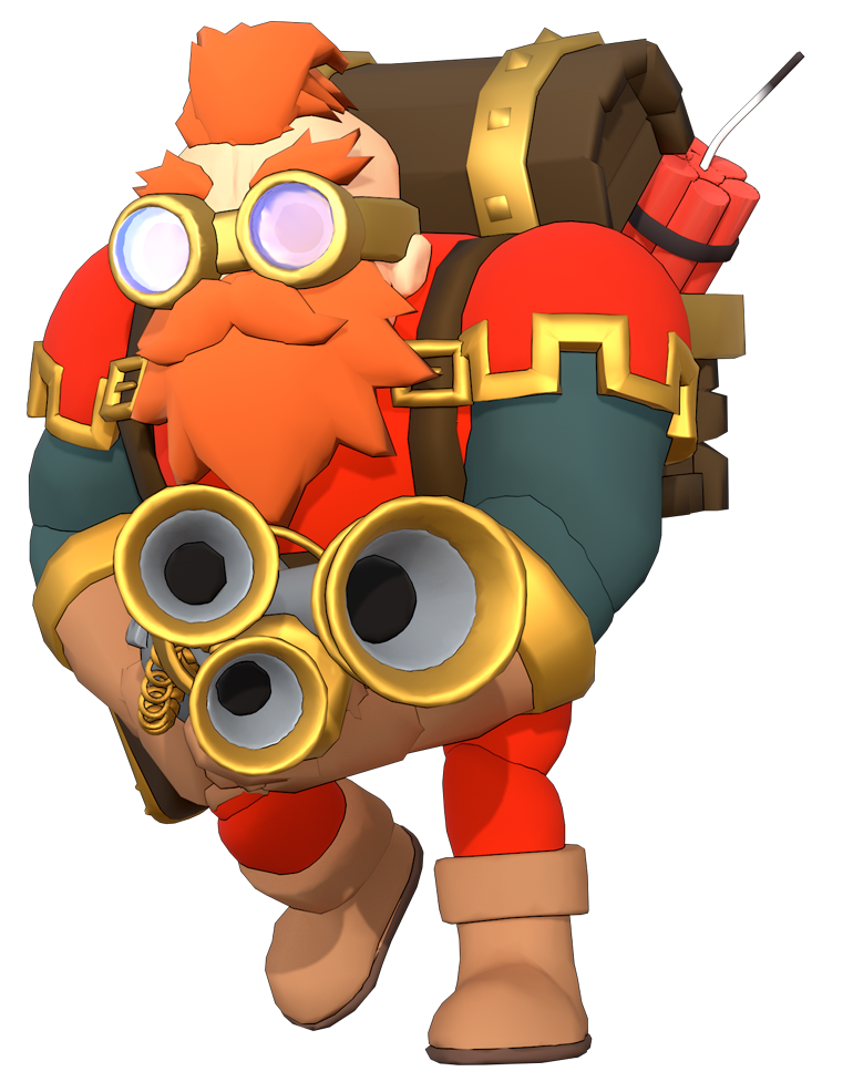 A stylized animated character resembling a gnome or dwarf with orange hair and beard, wearing goggles, a red shirt, dark green pants, and tan boots, carrying a large backpack with a dynamite fuse on it.