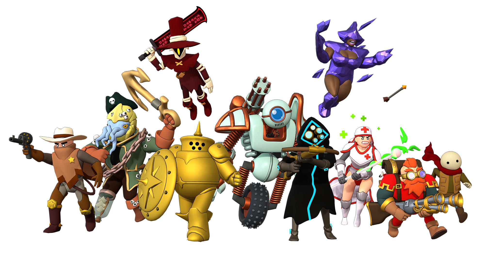 Collection of video game characters including a cowboy, robot, medic, purple creature, and others ready for battle.