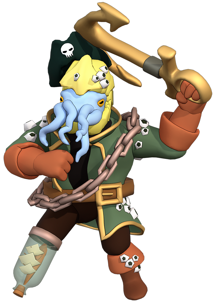 A cartoon pirate with an eye patch, wearing a black pirate hat with a skull, a green jacket with gold trim, and brown pants. He has a hook for a hand, a chain across his chest, and a peg leg. The pirate is holding a golden hook-shaped weapon, and there is an octopus with yellow and blue colors attached to his shoulder, with white eyes.