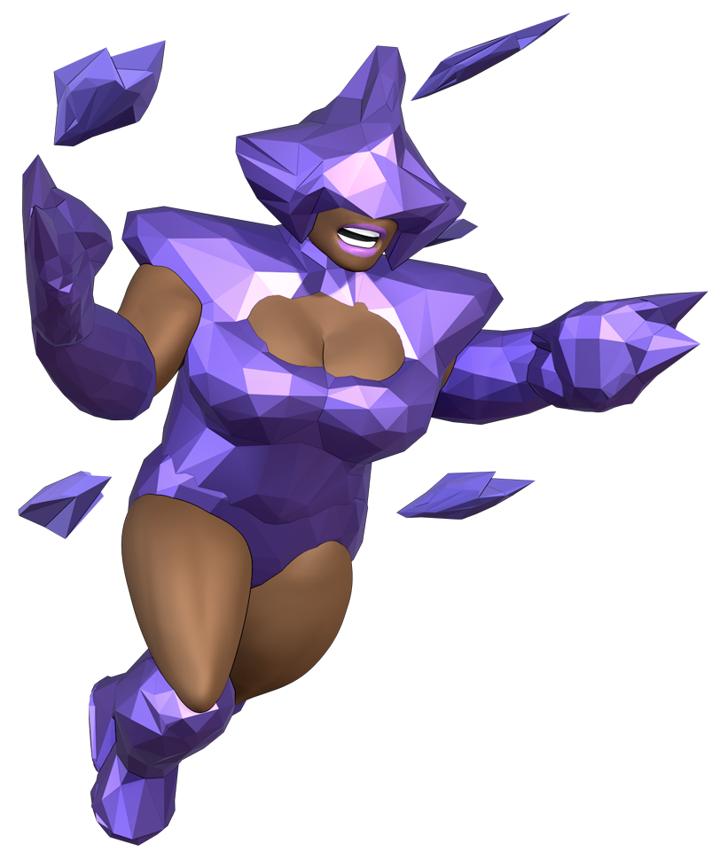 A low-poly 3D illustration of a female superhero wearing a purple costume with a hood, gloves, and boots, smiling with arms outstretched.