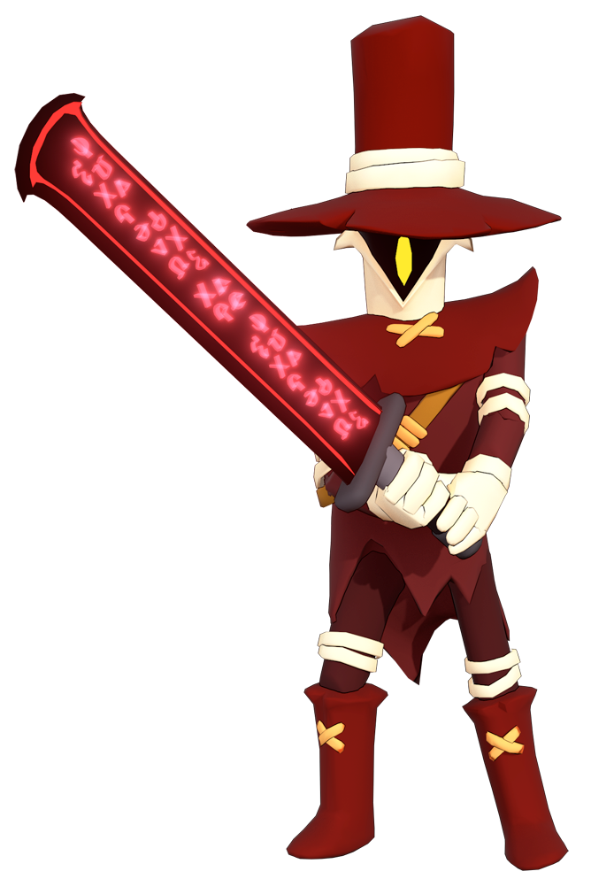 A stylized cartoon character dressed as a cowboy with a large brown hat, vest, and bandages, holding a glowing red sword with mysterious symbols.