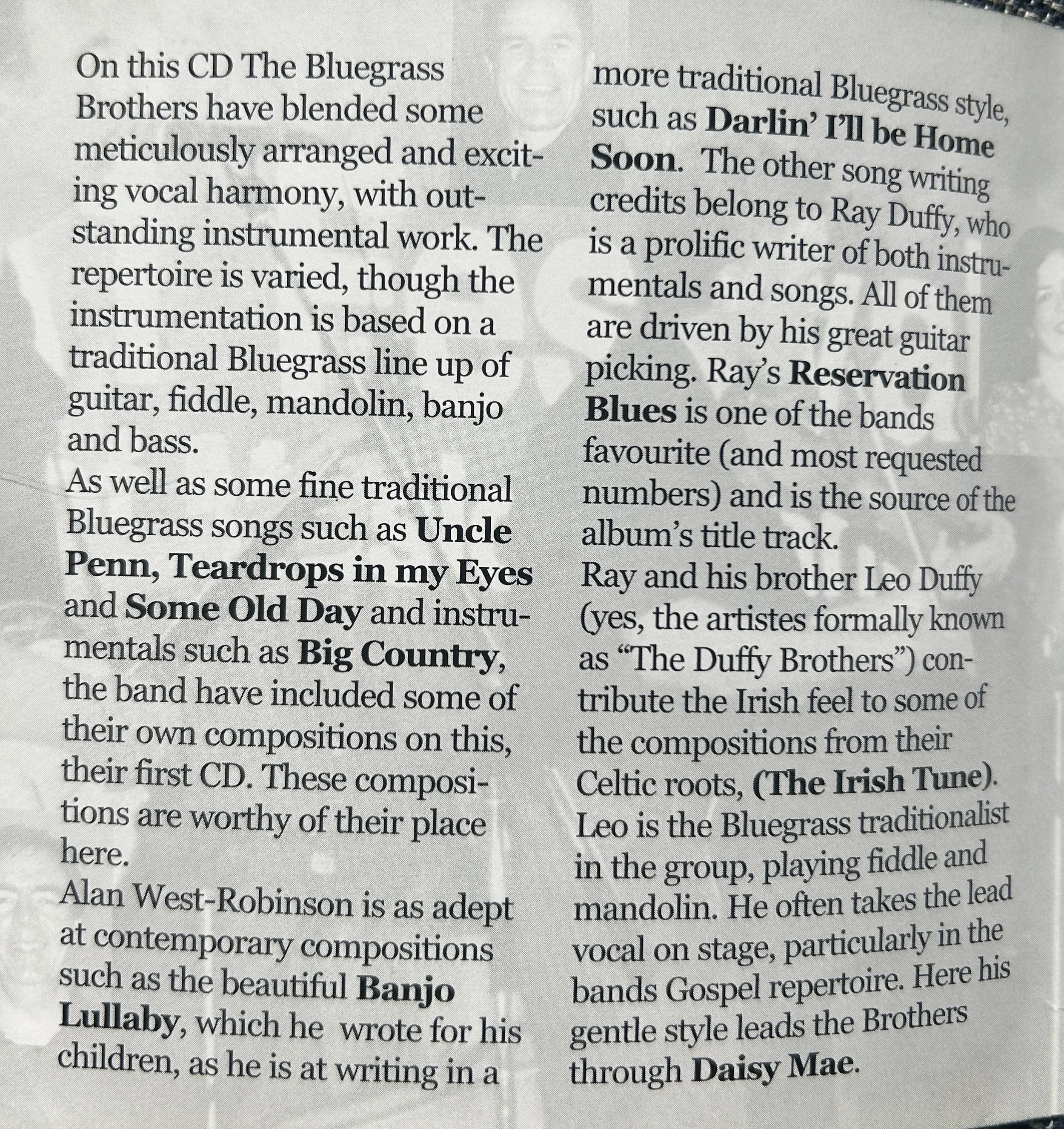 A page from a CD insert of The Bluegrass Brothers band, mentioning their song selections, instruments, and band members, with a faint, partial background image of a smiling person playing a guitar.