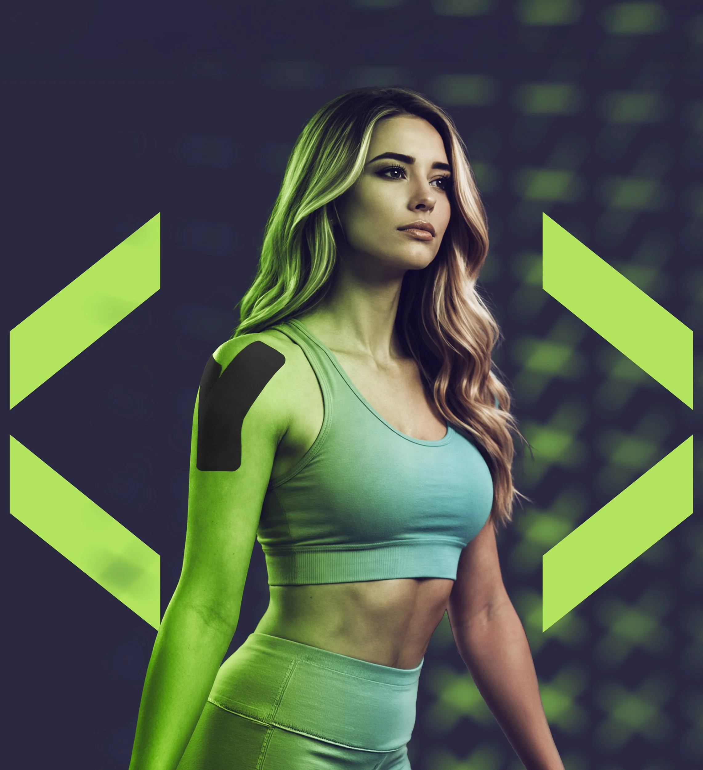 Athletic woman wearing a green sports bra with black kinesiology tape applied to her shoulder, set against a dark background with bold neon green geometric shapes.