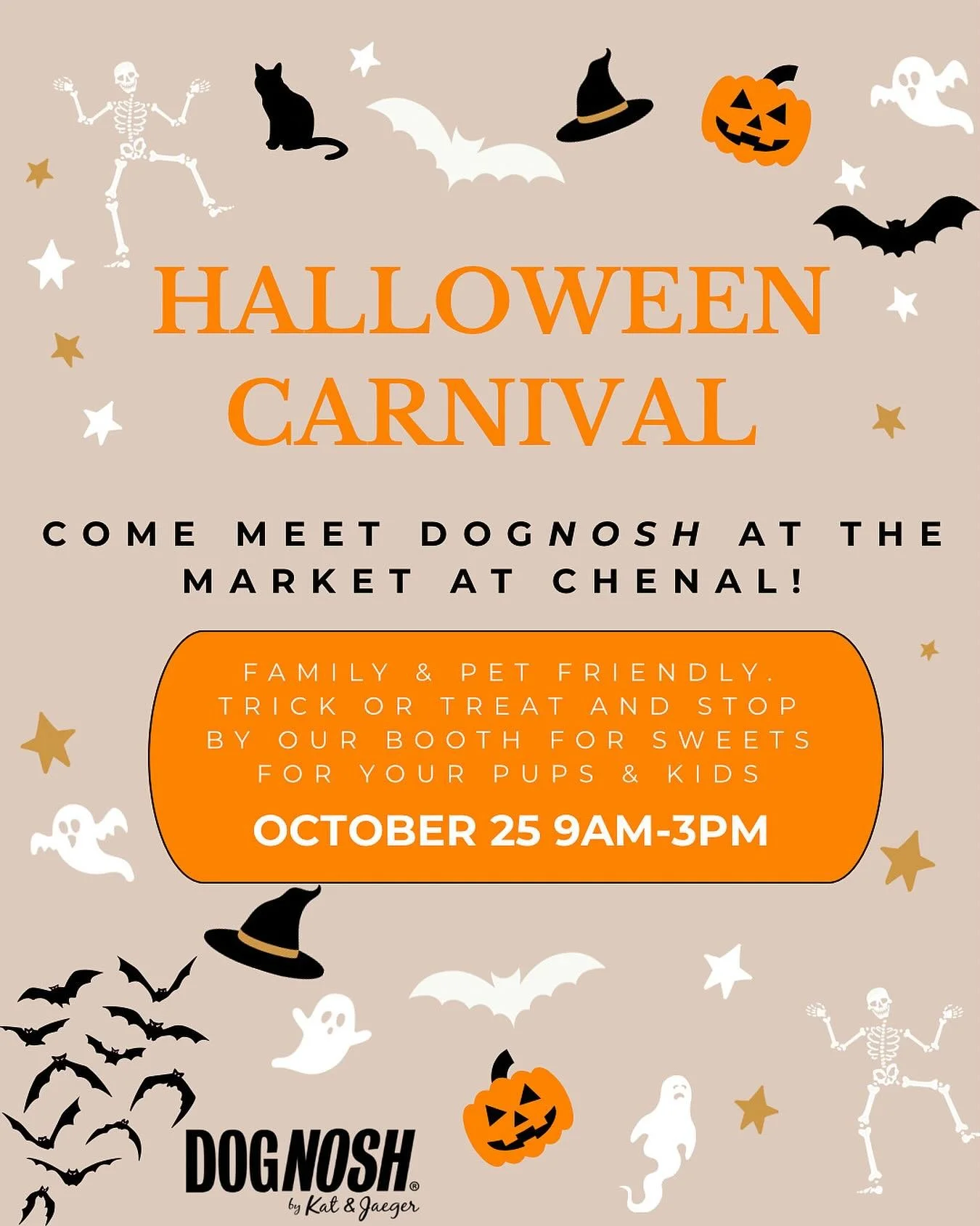 We&rsquo;re SO excited for our first ever event! 🧡

Join us this Saturday, October 25th, at The Market at Chenal for their Halloween Carnival! 👻

Bring your pups (and kiddos!) to trick-or-treat and stop by our booth for some DOGNOSH treats! 🐾

We&