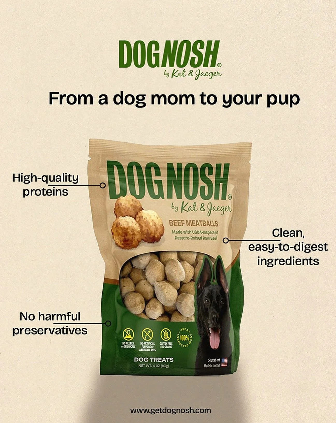 Because our dogs deserve the best. Clean and honest treats from a dog mom who gets it. 💚🐾