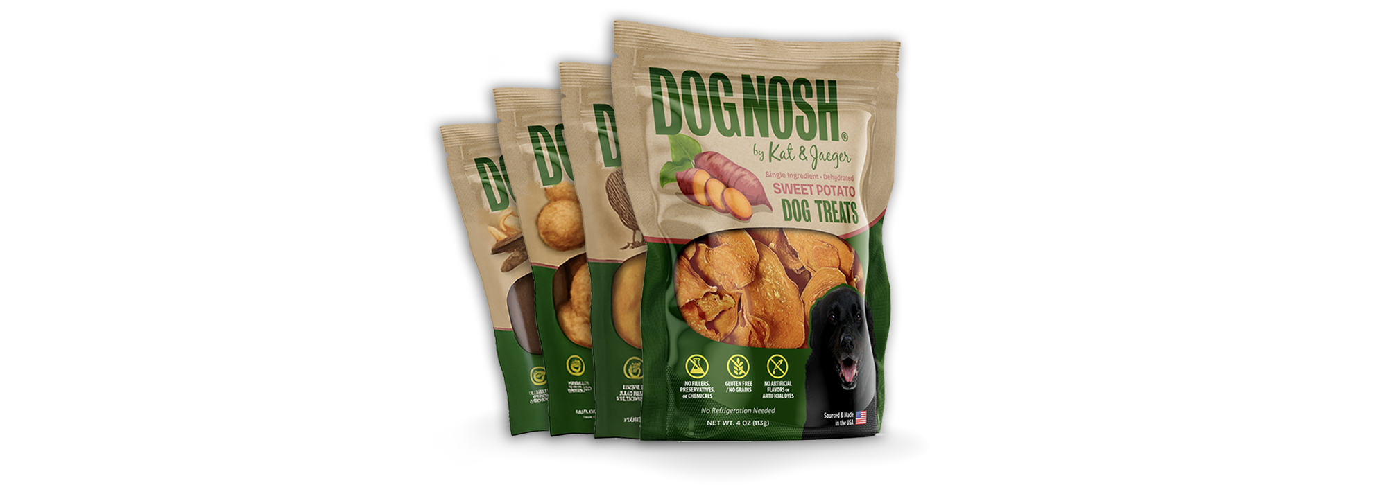DogNosh limited ingredient dog treats made in the USA including dehydrated sweet potatoes and freeze-dried options