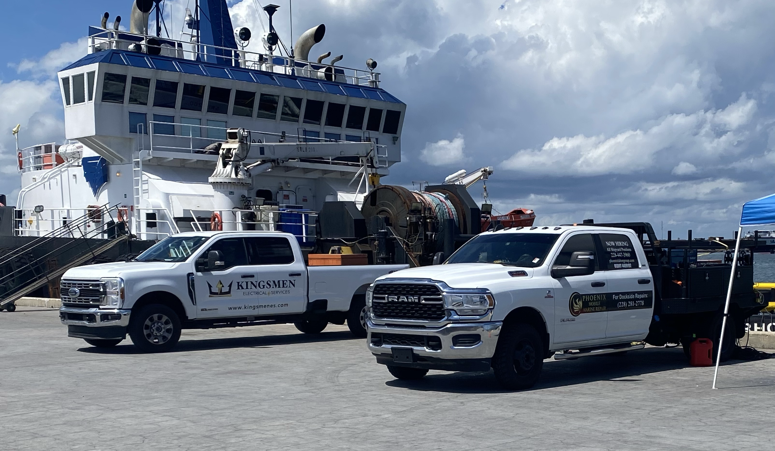 Both Kingsmen Electrical Service & Mobile Marine Repair in Cape Canaveral working on Warhorse 3, a SpaceX support vessel.