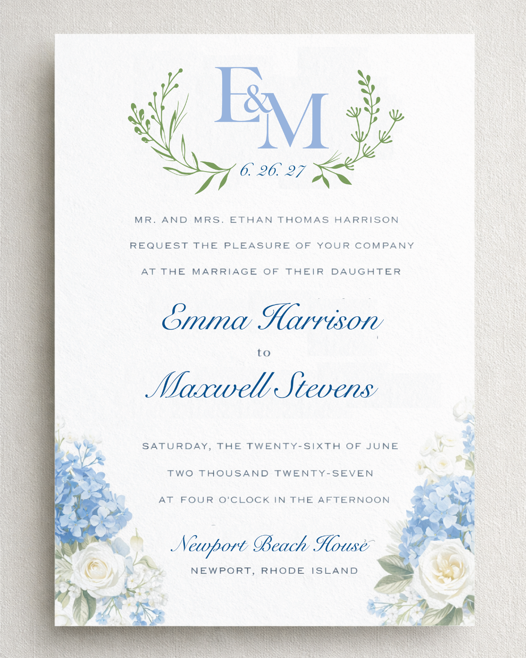 East Coast custom wedding invitation with gorgeous, floral monogram. 