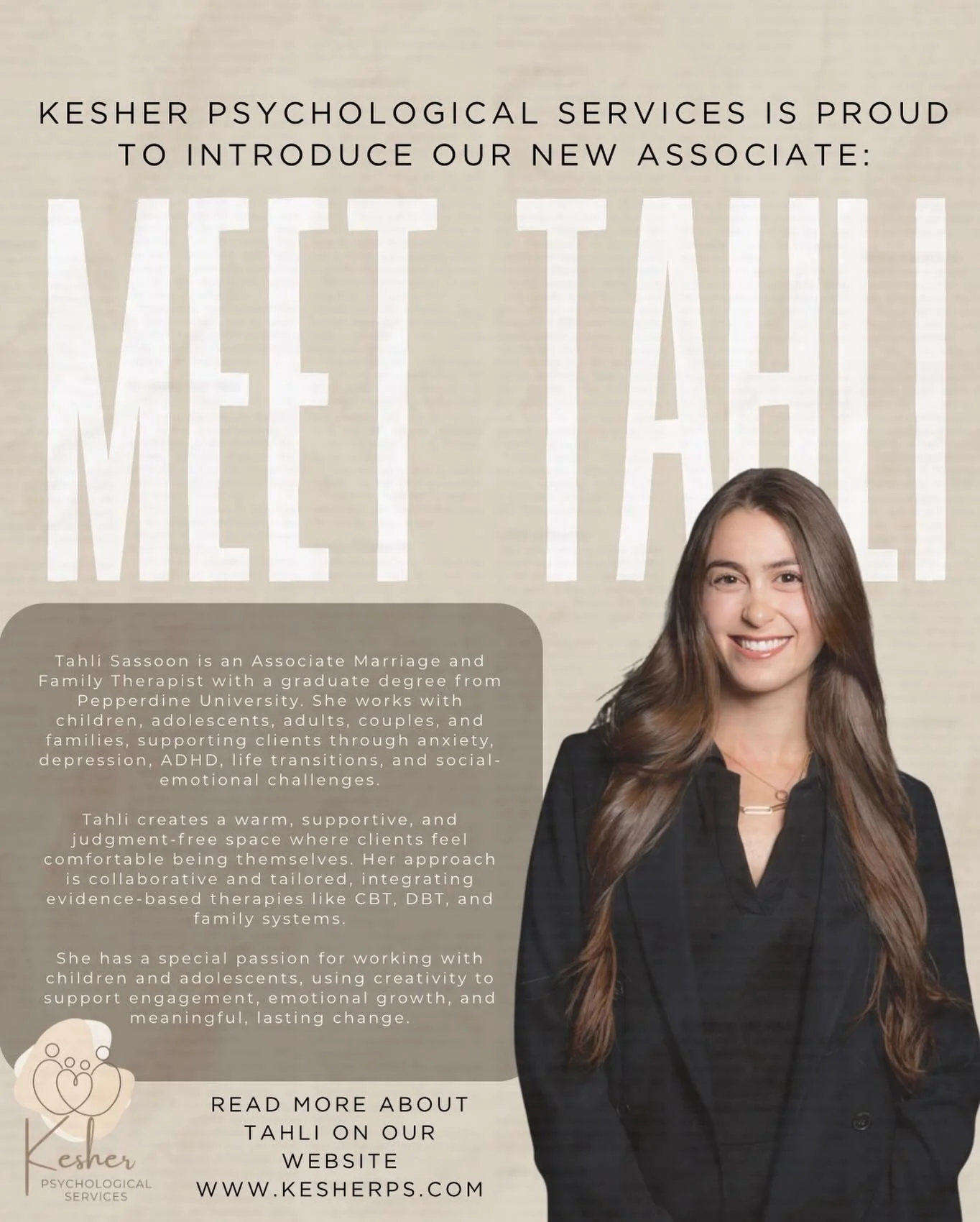 We&rsquo;re so happy to have Tahli Sassoon on our team 🤍
Tahli brings a warm, down-to-earth presence and works with children, teens, adults, couples, and families navigating anxiety, ADHD, life transitions, and more. She creates a space where client