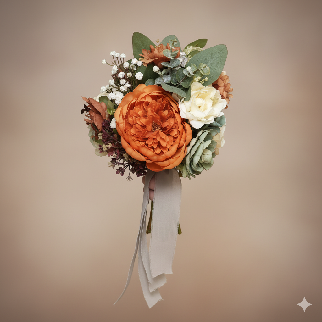 A bouquet of artificial flowers with orange, white, and purple blooms, and green leaves, tied with a white ribbon.