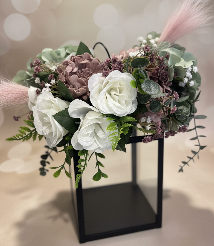 A floral arrangement with white roses, purple flowers, green leaves, and pink feathers in a black square frame.
