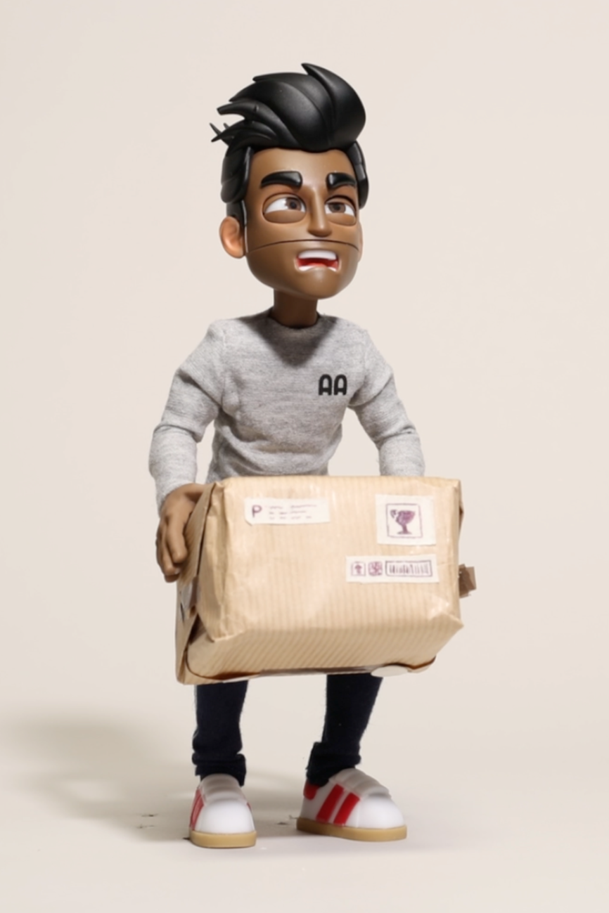 A stylized animated character with dark hair, glasses, and a gray sweatshirt holding a large parcel.