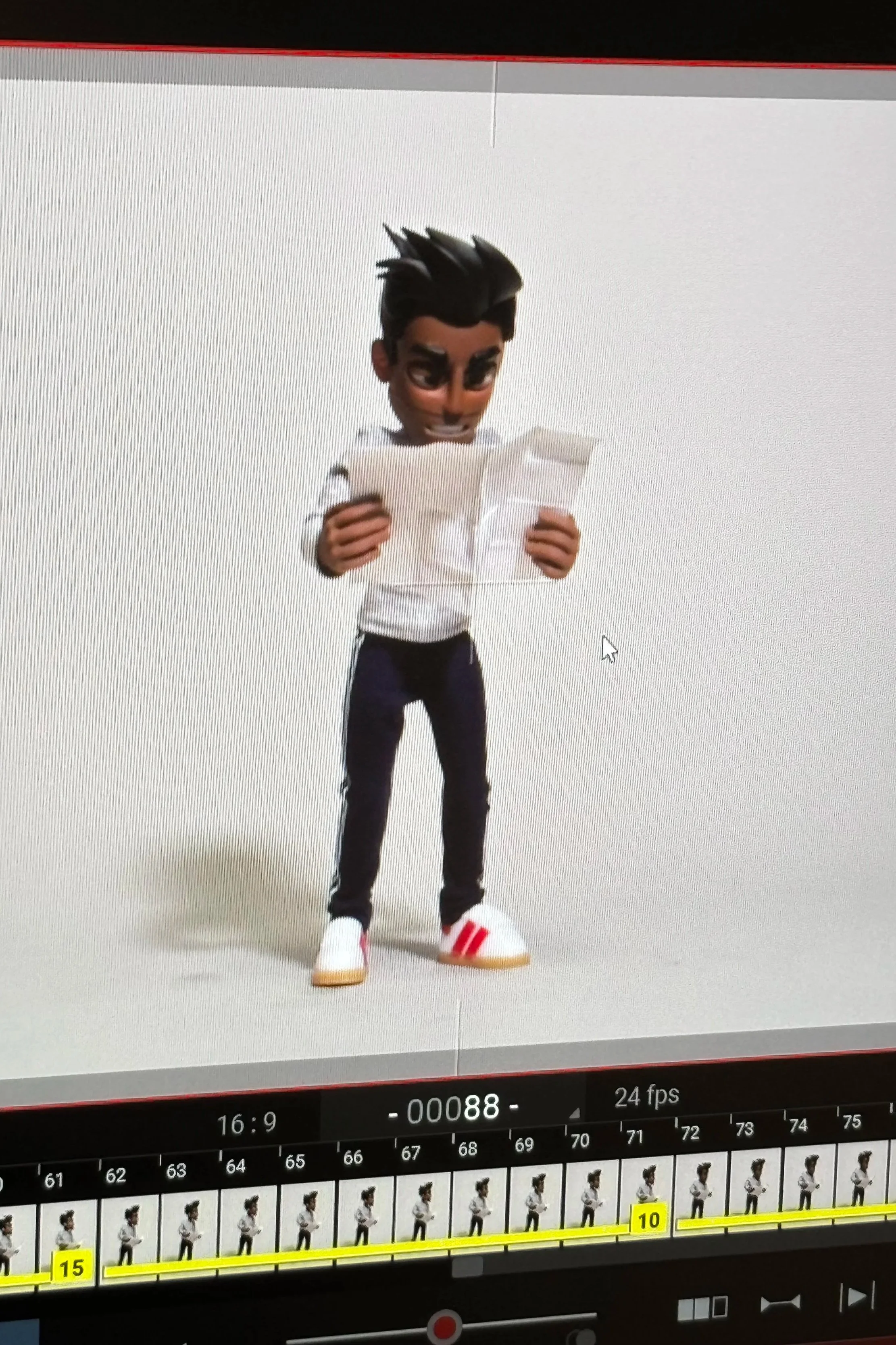 Computer screen displaying a 3D animated character with spiky black hair, holding papers, dressed in a white shirt, dark pants with white stripes, and white sneakers with red stripes.