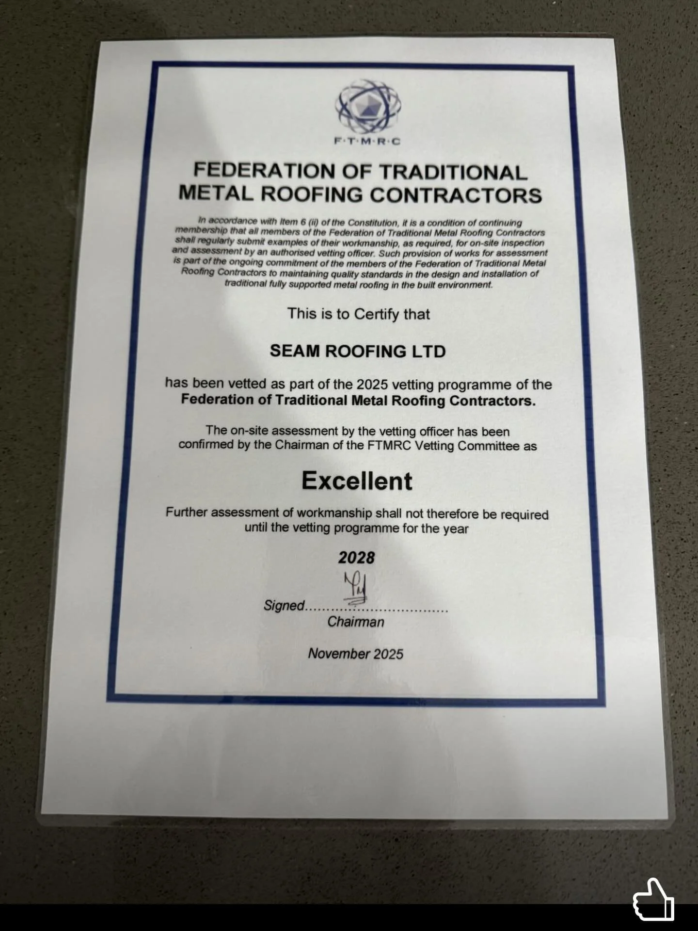 We&rsquo;re thrilled to share that Seam Roofing Ltd has achieved an Excellent grade from the FTMRC &ndash; a recognition of excellence in metal roofing and cladding craftsmanship. 🏆

A massive thank-you to our team, clients and everyone who&rsquo;s 