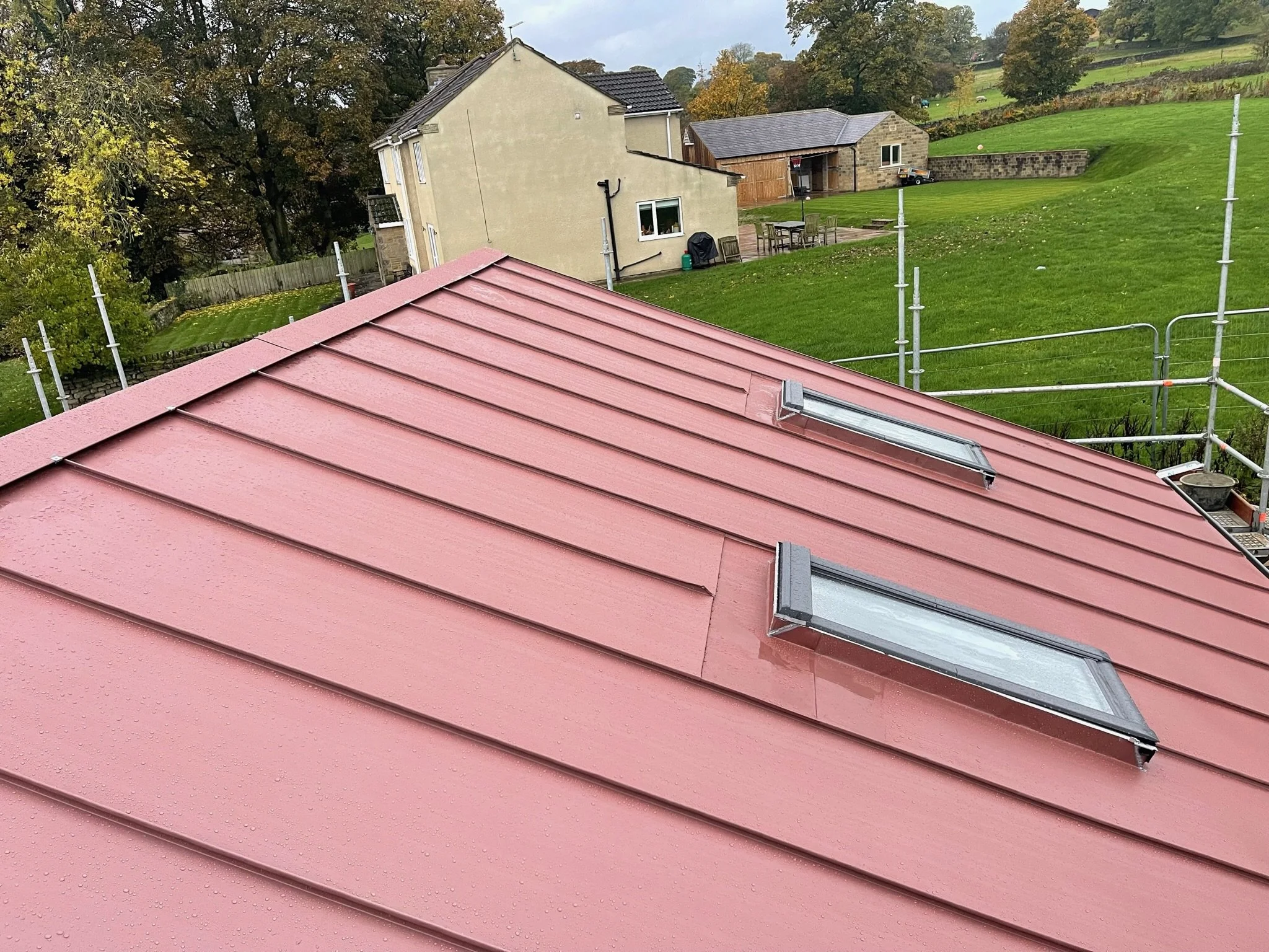 Red metal roof with skylights on a house, surrounded by garden and trees in the background.