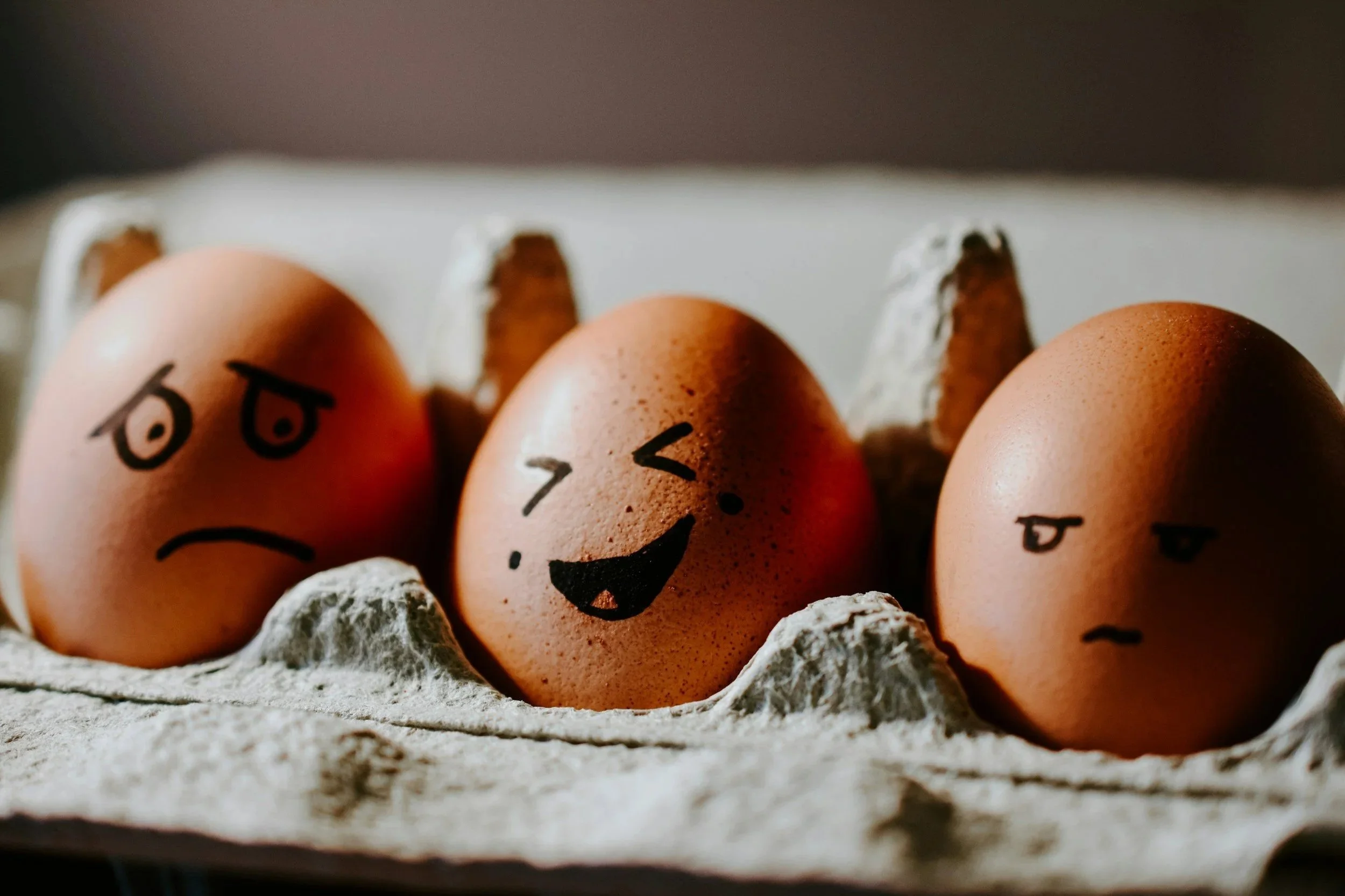 Three brown eggs in a carton with faces drawn on them, two with angry expressions and one with a happy, winking face.