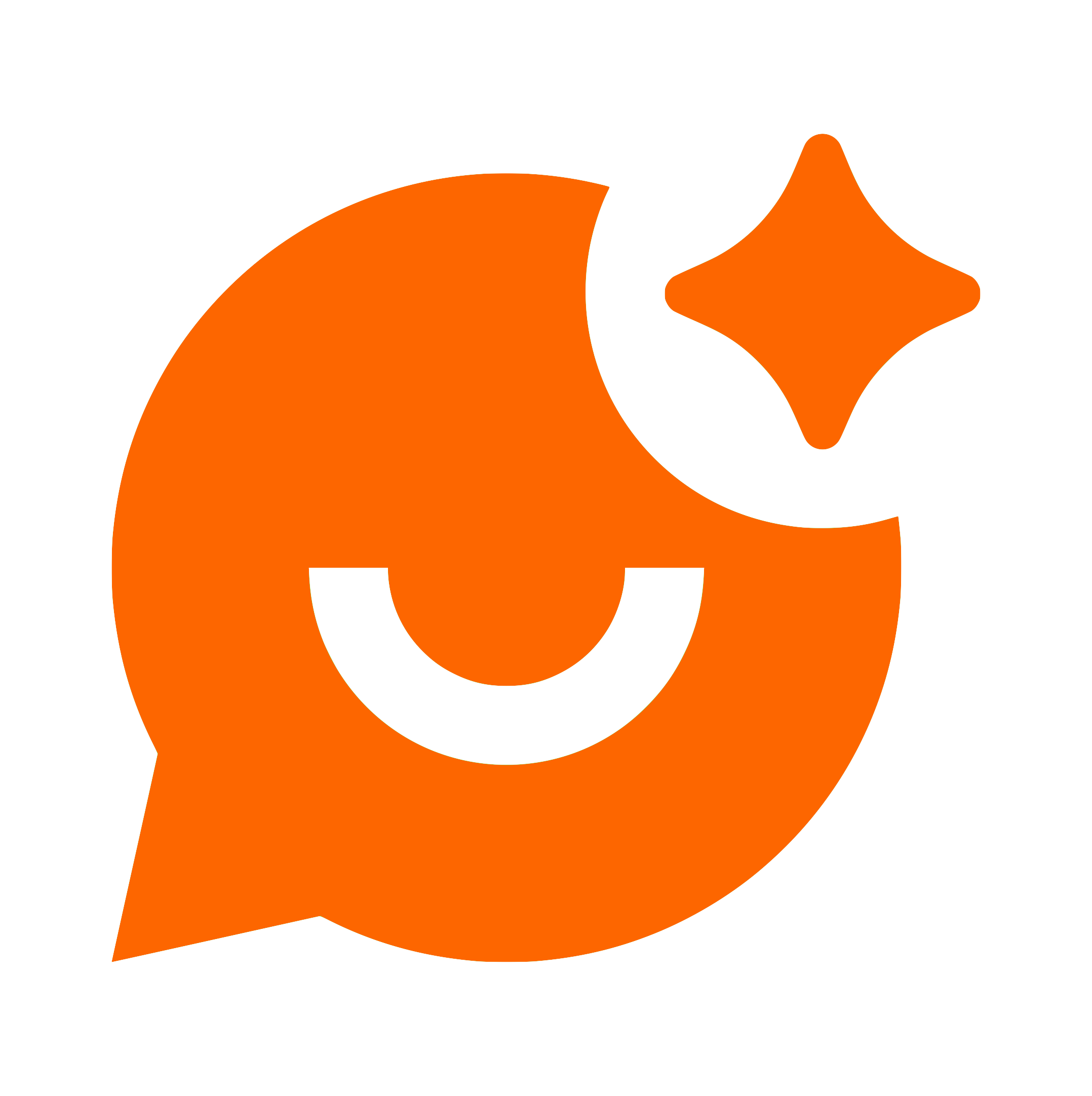 Orange smiling face icon with a star-like sparkle above its head on a black background.