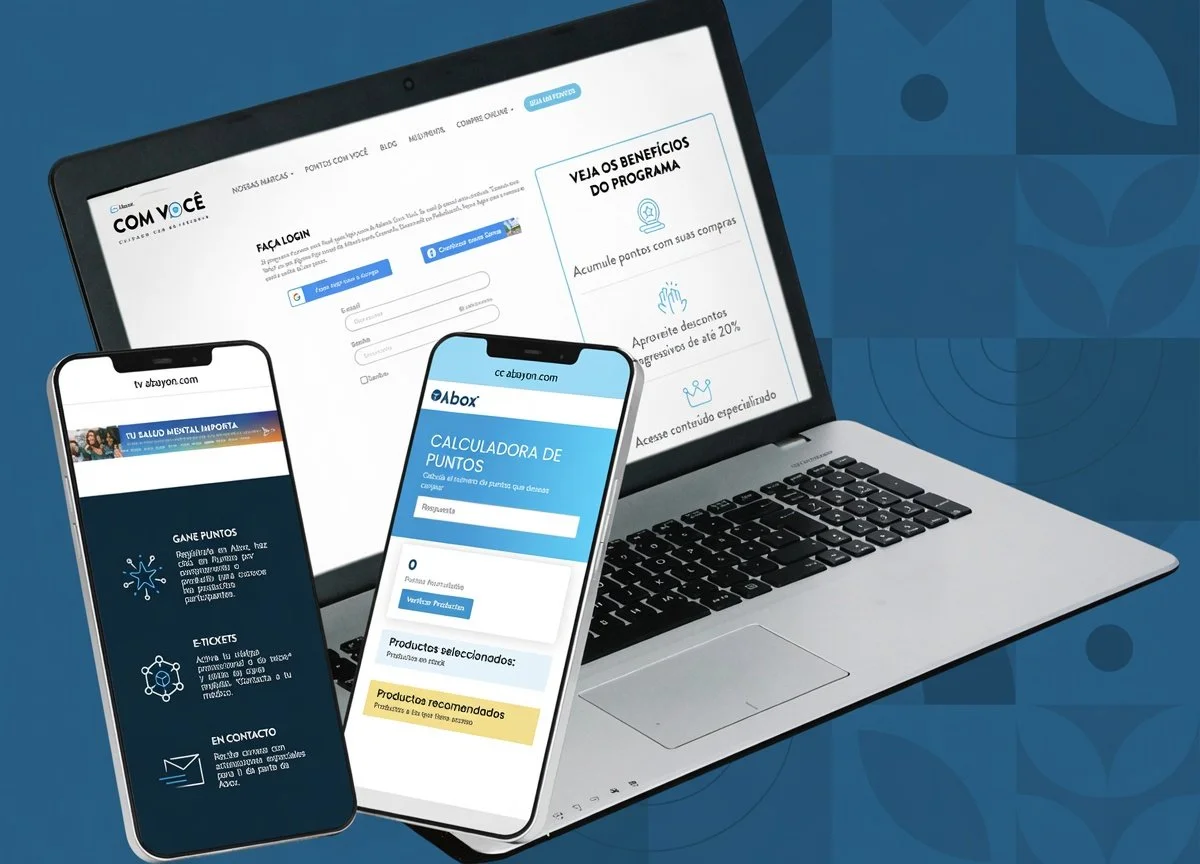 Laptop e dois smartphones exibindo um site com informações sobre o programa de fidelidade e calculadora de pontos