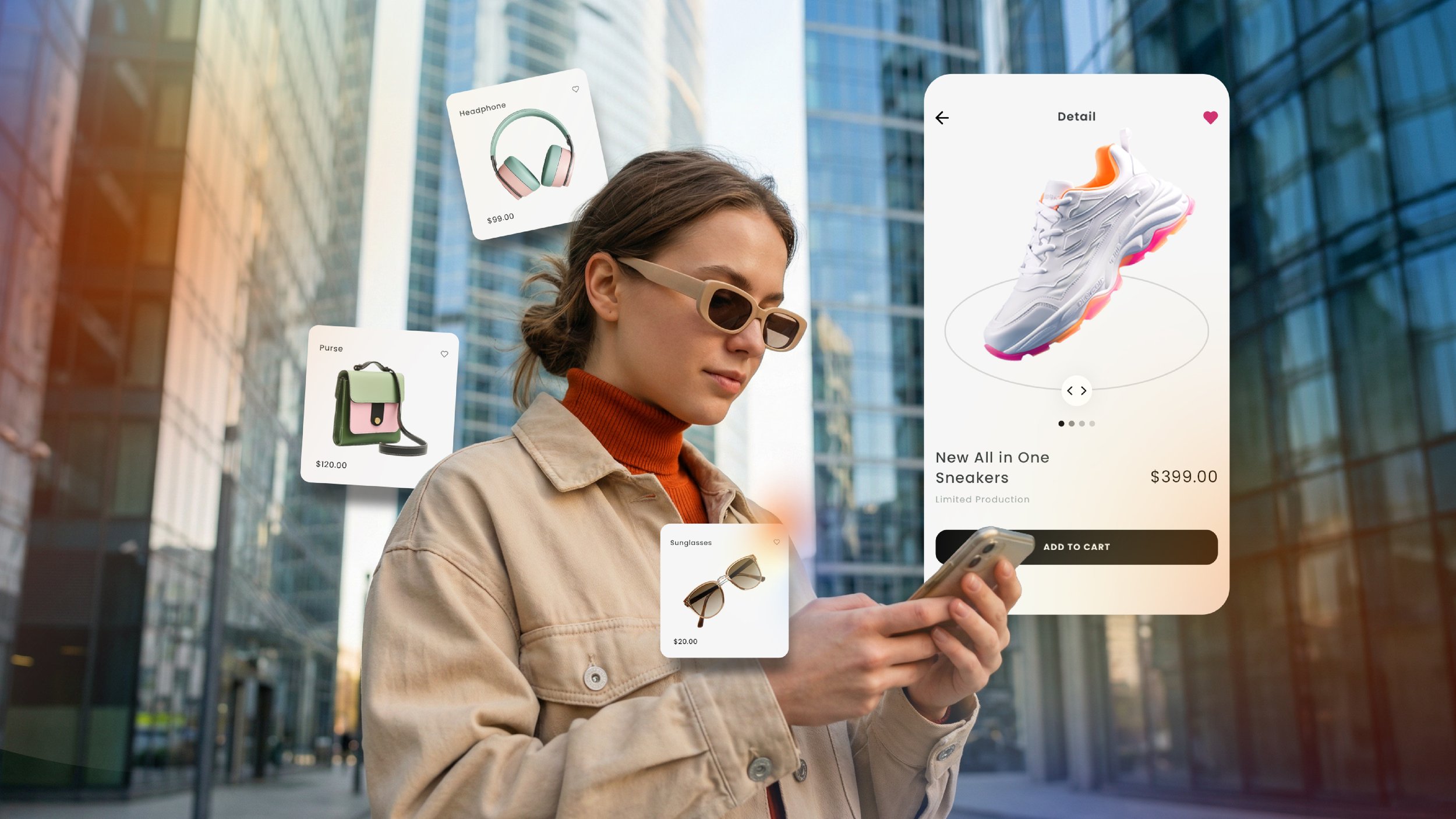 Pessoa usando um smartphone com interfaces de produtos digitais flutuando ao redor, representando a jornada do cliente, a experiência de compra online e o processo de decisão de compra.
