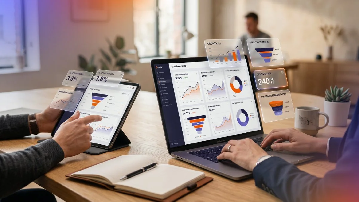 Professionals reviewing HubSpot CRM dashboards across laptop and tablet devices, representing centralized customer data, sales visibility and integrated business performance tracking.