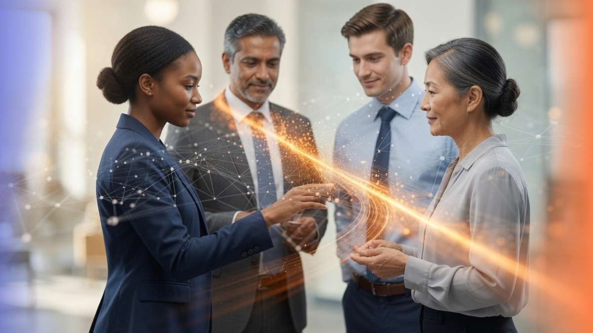 Business professionals collaborating while exchanging a glowing digital connection, representing the strategic implementation of artificial intelligence across teams, processes, and organizational workflows.