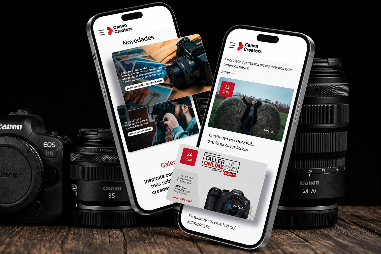 Dois smartphones exibindo o site Canon Creators com eventos e tutoriais de fotografia, colocados em frente a uma coleção de câmeras e lentes Canon sobre uma superfície de madeira contra um fundo preto.