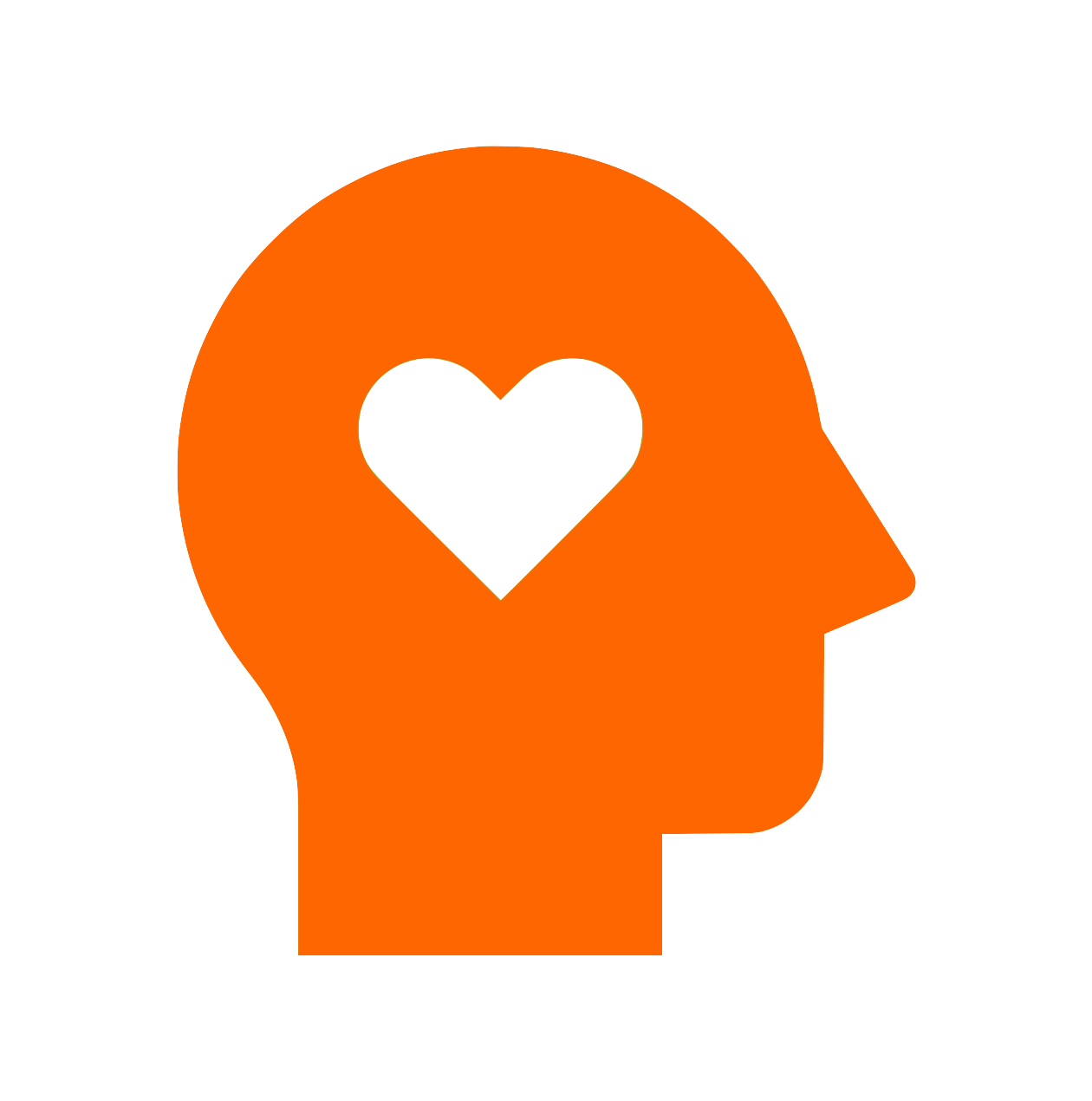 A stylized orange human head silhouette with a black heart inside a smaller black heart within the head.