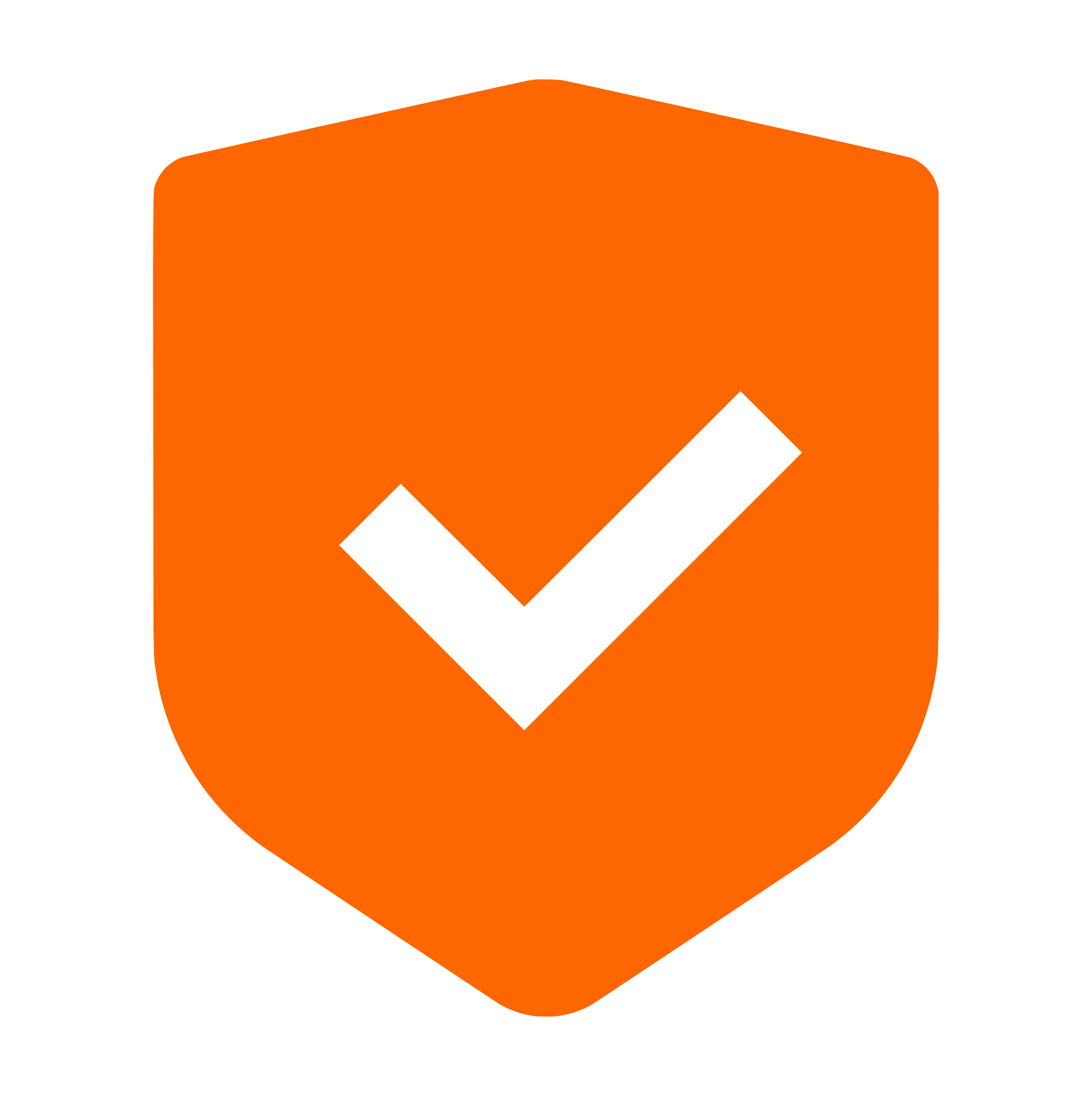 A shield-shaped icon with an orange background and a black check mark in the center.