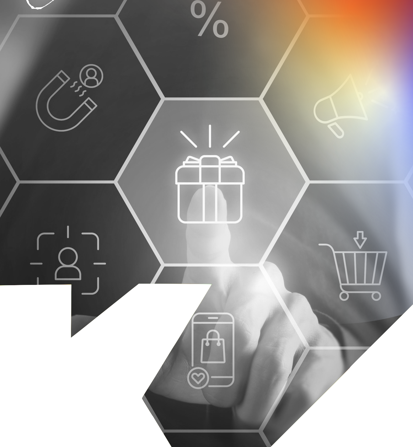 A person touching a hexagon icon of a gift box, surrounded by icons representing marketing, shopping cart, mobile shopping, user profile, and a megaphone, on a digital interface.