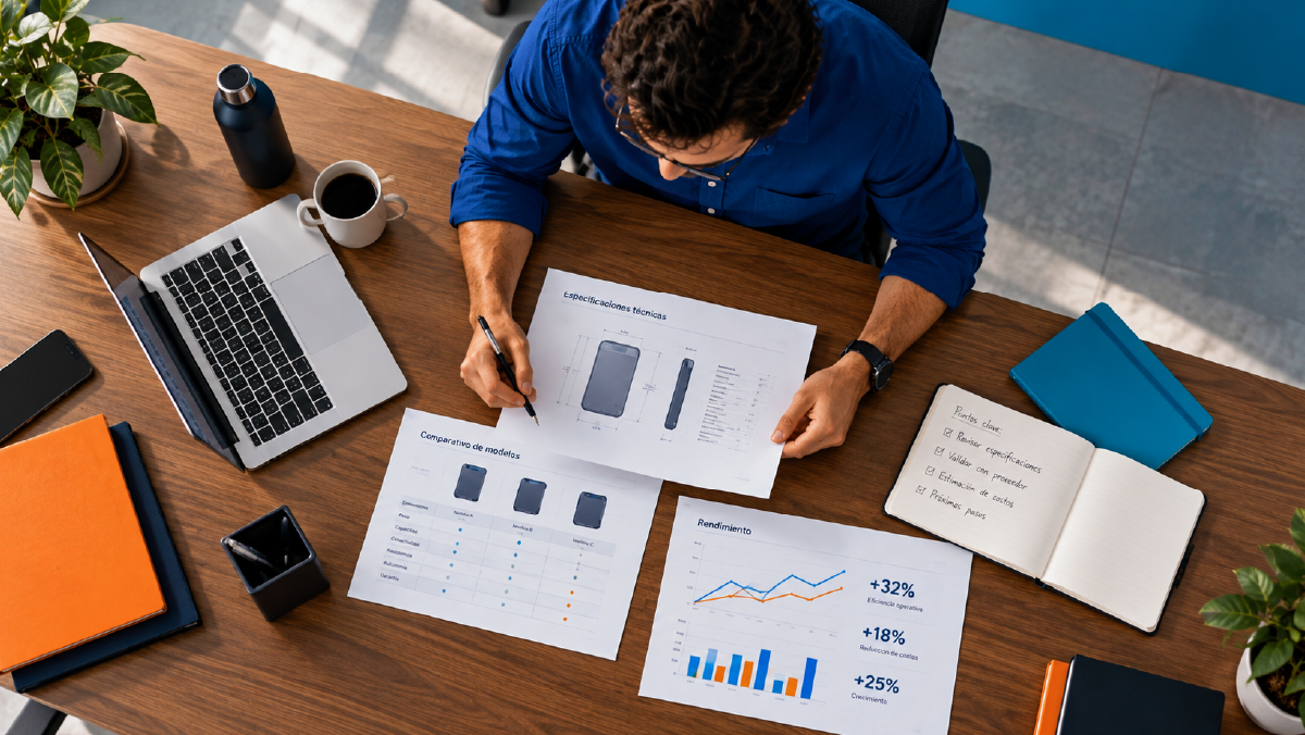 A professional examining structured technical plans and customer data workflows on a clean workspace, representing precise CRM infrastructure and strategic operational alignment.