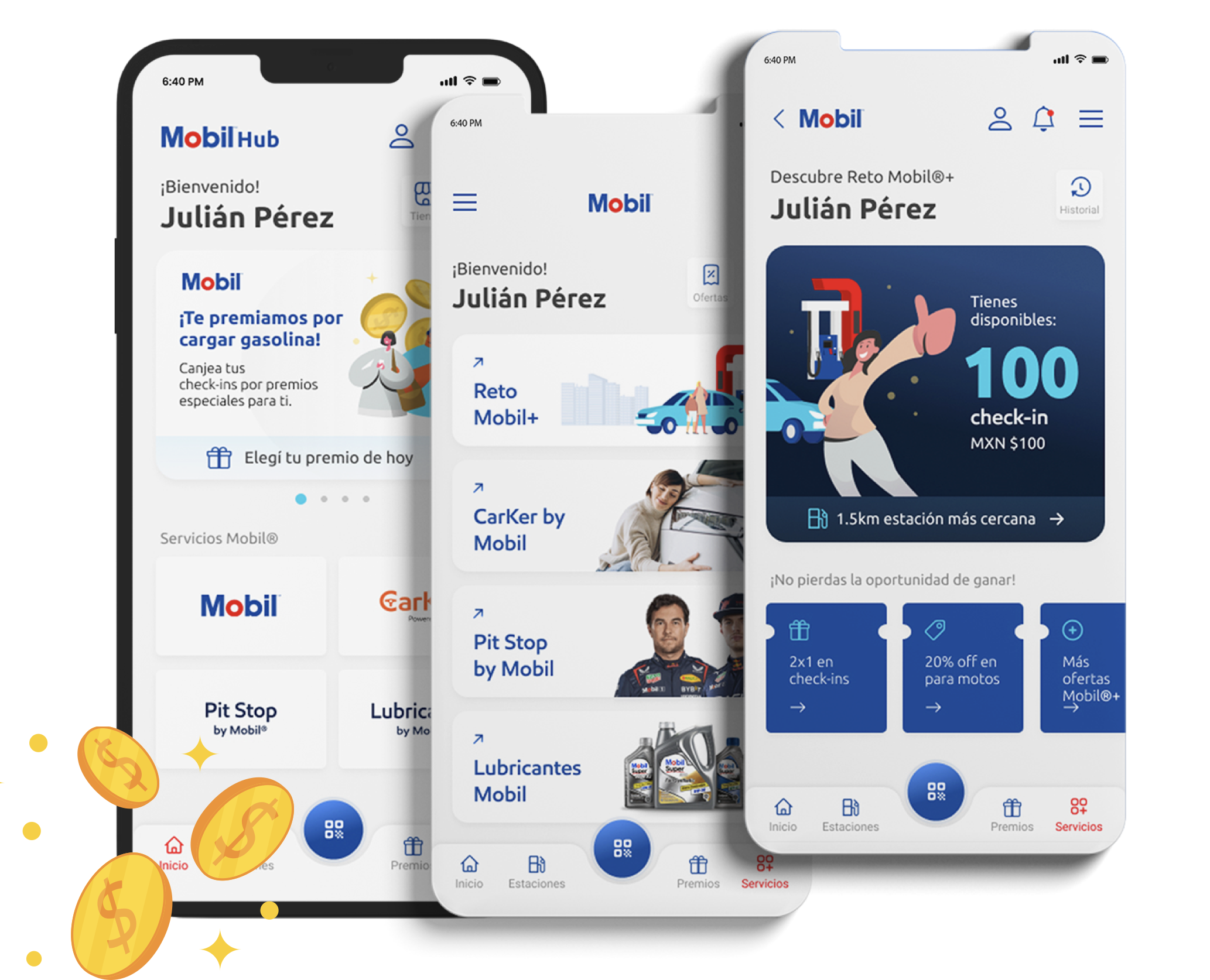 Screenshots of a Mobil Hub mobile application on a smartphone with a white background, displaying offers, services, and rewards for gasoline, car repairs, and mobile lubricants, with a colorful illustration and various icons.