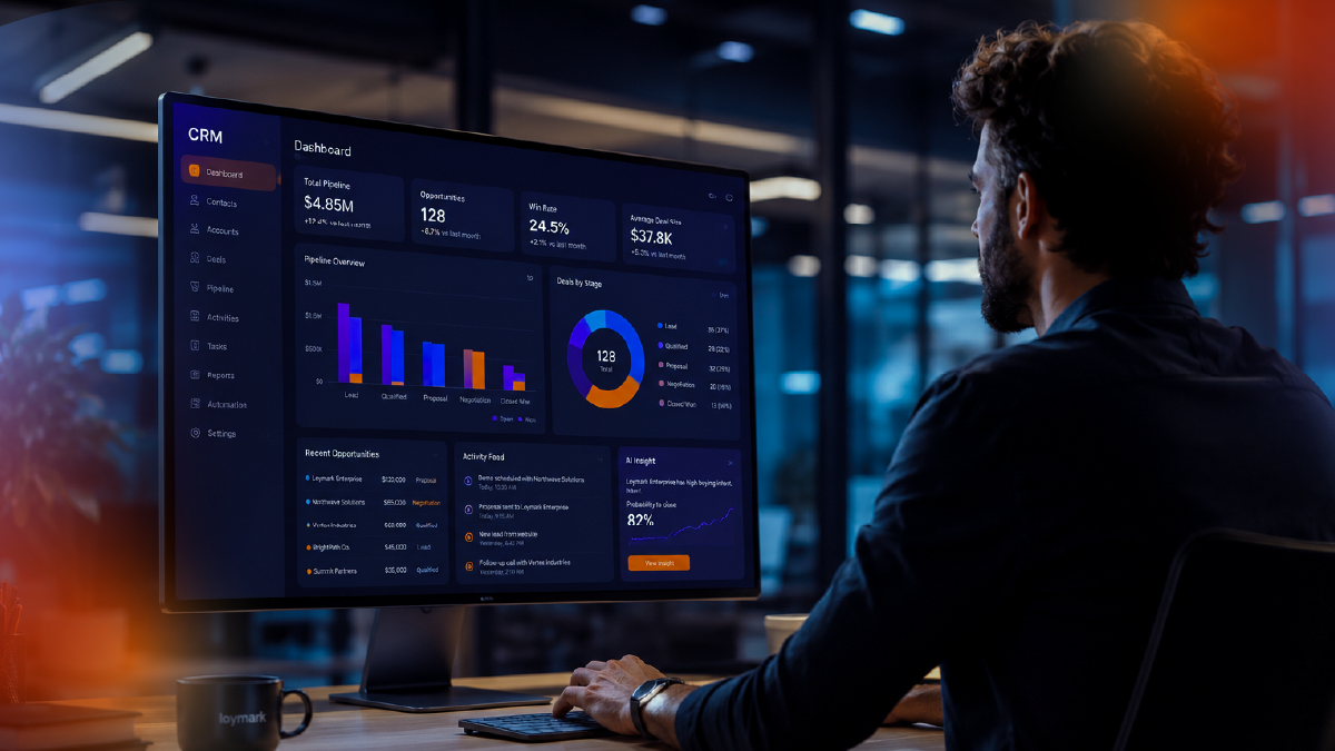 Business professional reviewing a CRM dashboard with sales pipeline, opportunities, customer data, and performance metrics.