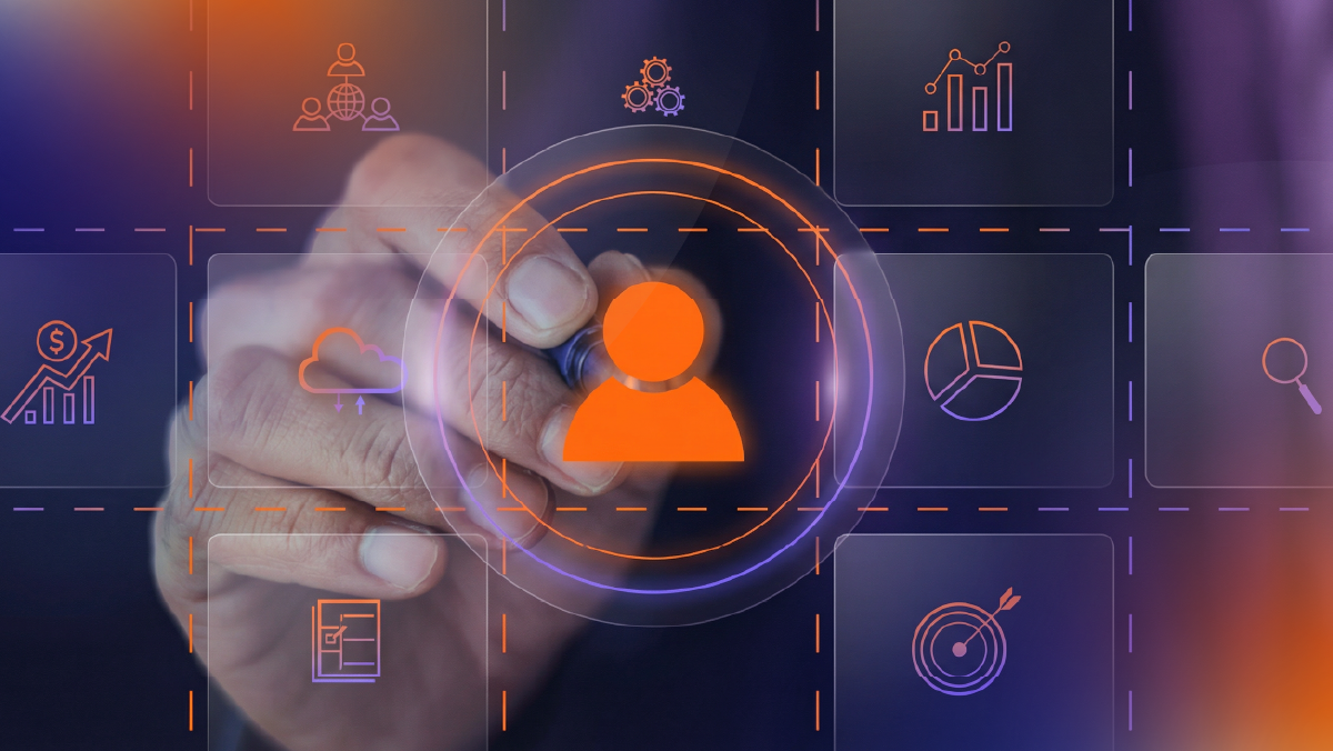 Selecionar manualmente um ícone central do usuário em uma interface digital, representando uma estratégia centrada no cliente, apoiada por dados, segmentação e tomada de decisões.