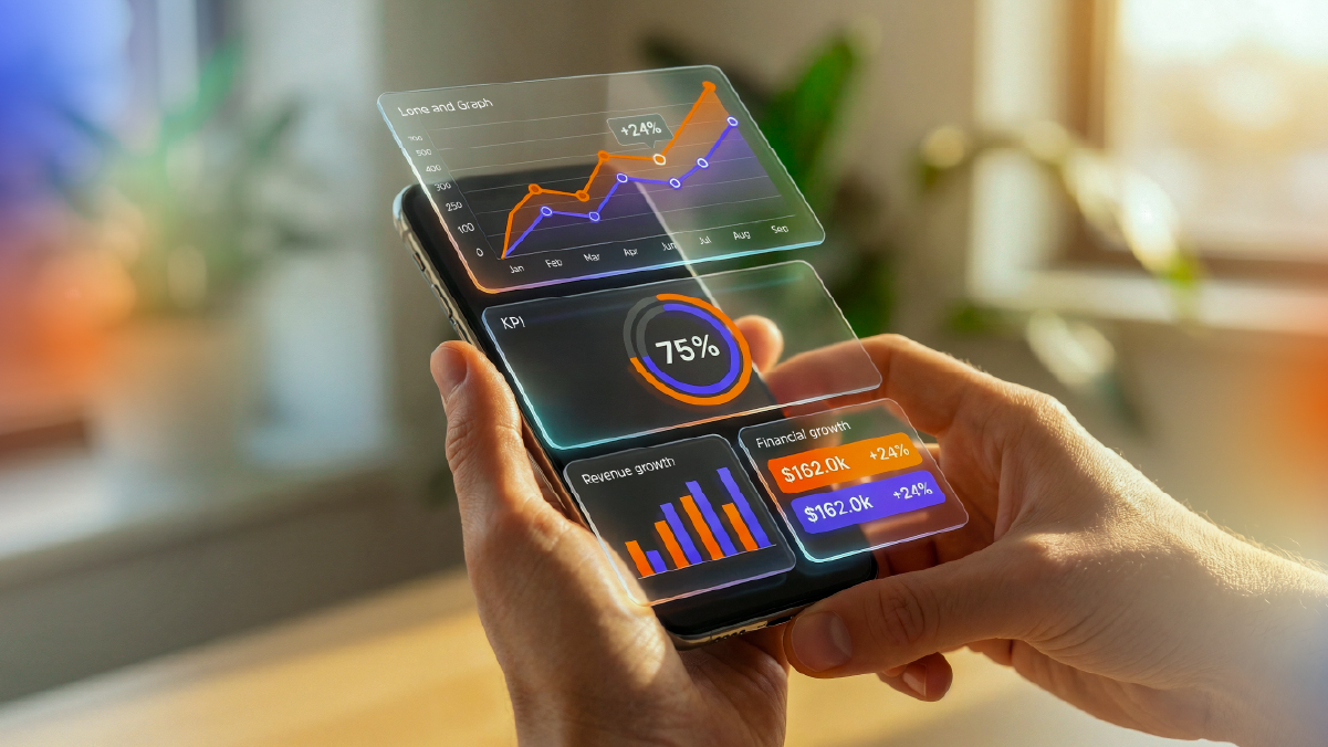 Person holding a smartphone displaying digital dashboards with growth charts and performance KPIs, representing marketing automation improving ROI through data-driven insights.