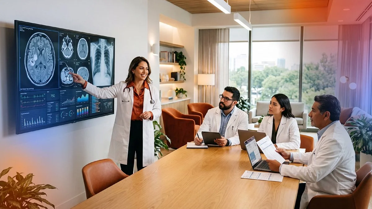 Team of healthcare professionals reviewing medical images, data, and digital tools during a collaborative meeting, representing data-driven decision-making in healthcare.