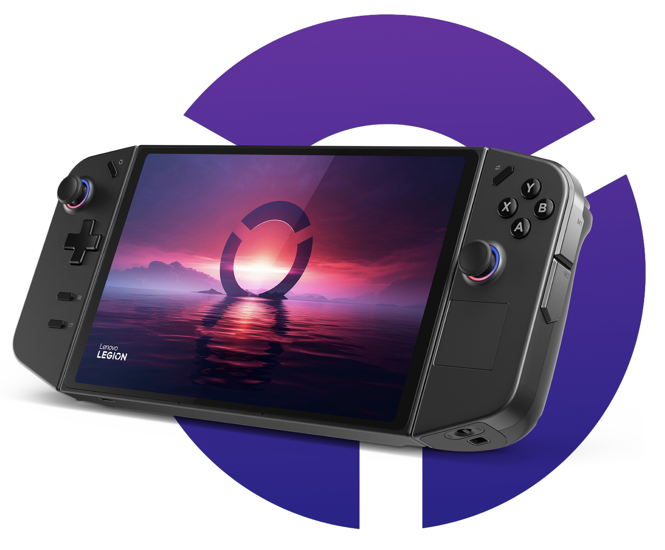 A handheld gaming console with a large screen displaying a scenic sunset over water and a circular logo, with buttons and controls on either side.