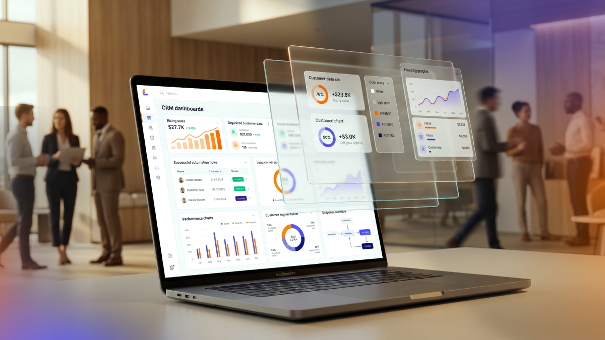 Modern CRM dashboard displayed on a laptop with integrated analytics and automation panels, representing centralized customer management, data visibility and scalable business operations.