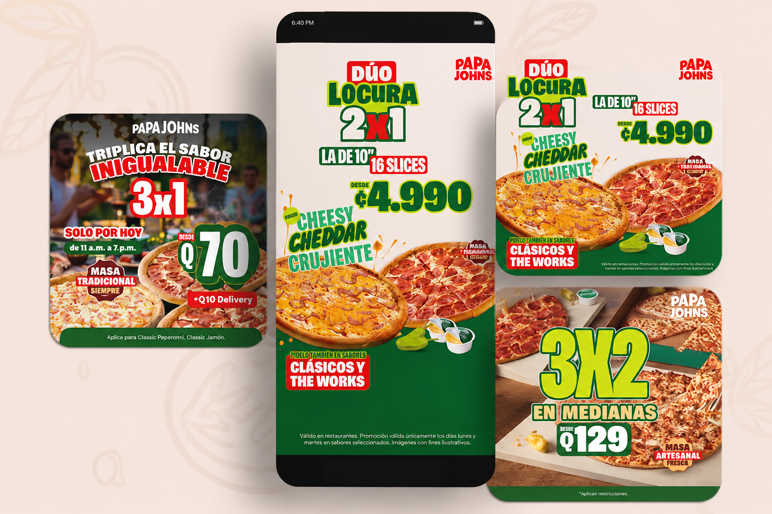 Anuncio promocional de Papa Johns con ofertas de pizza. Dos ofertas de pizza: una oferta 2x1 en 16 porciones por 4,99 $ y una oferta 3x2 en pizzas medianas por 129 $. Además, un anuncio más pequeño con una oferta 3x1 en pizza desde 7 quetzales, disponible solo hoy.