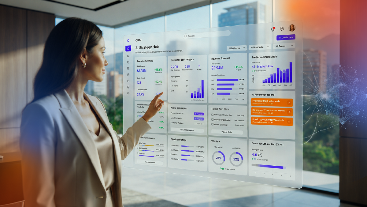 Business professional interacting with an AI-powered CRM dashboard showing customer insights, revenue forecasts, churn risk, and recommended actions.