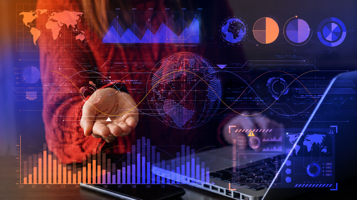 Executive dashboard displaying interactive charts, KPIs, global data visualizations, and business performance metrics, representing Business Intelligence and real-time data analysis for decision-making.
