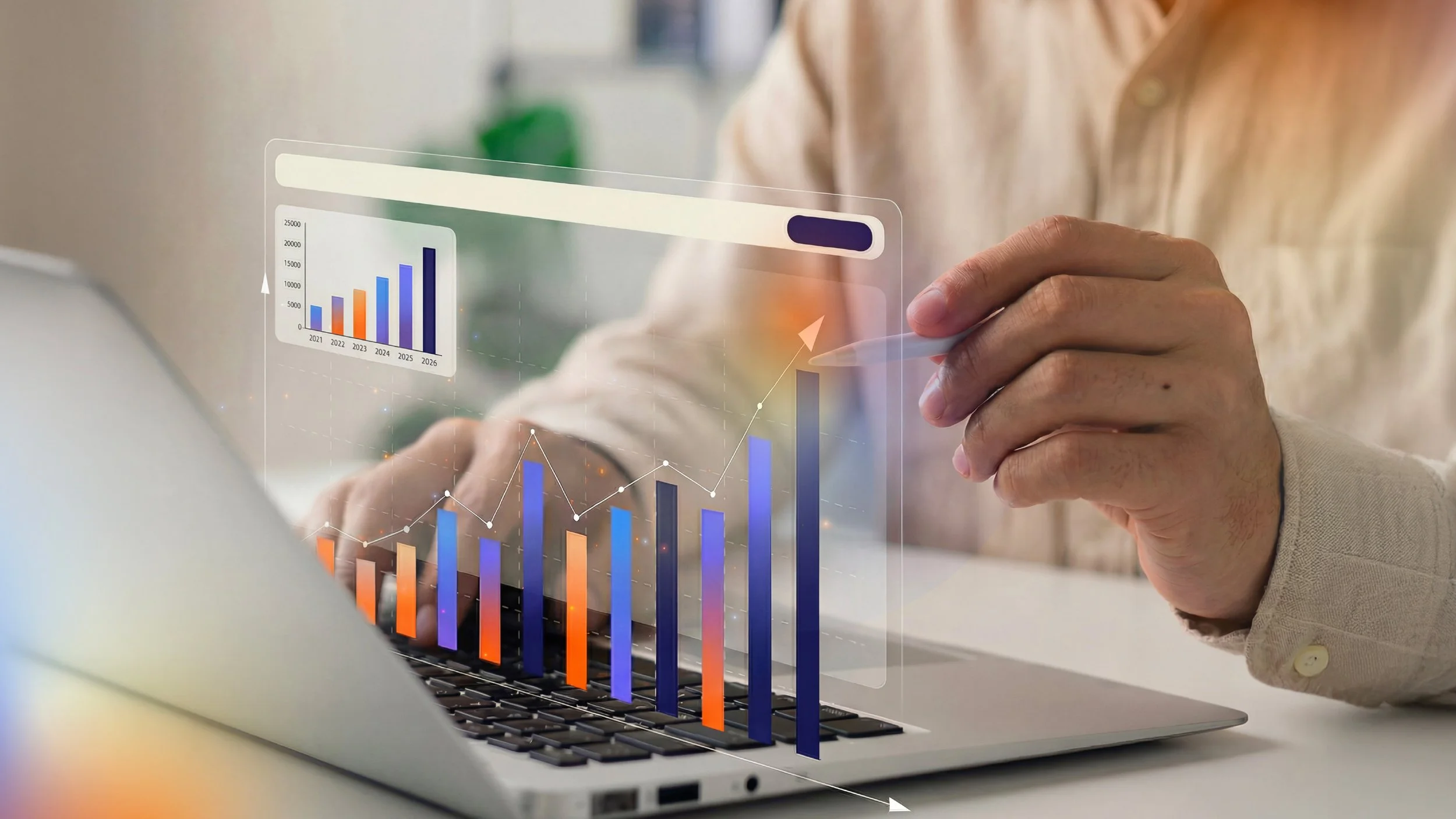 Gráficos de desempenho empresarial mostrando tendências ascendentes em receitas e crescimento exibidos na tela de um laptop.