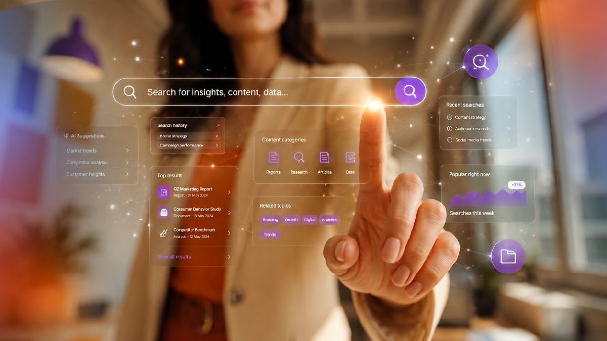 Professional interacting with an AI-powered search interface displaying insights, content categories, research results, and search suggestions, representing the shift from traditional search engines to generative AI-driven discovery.