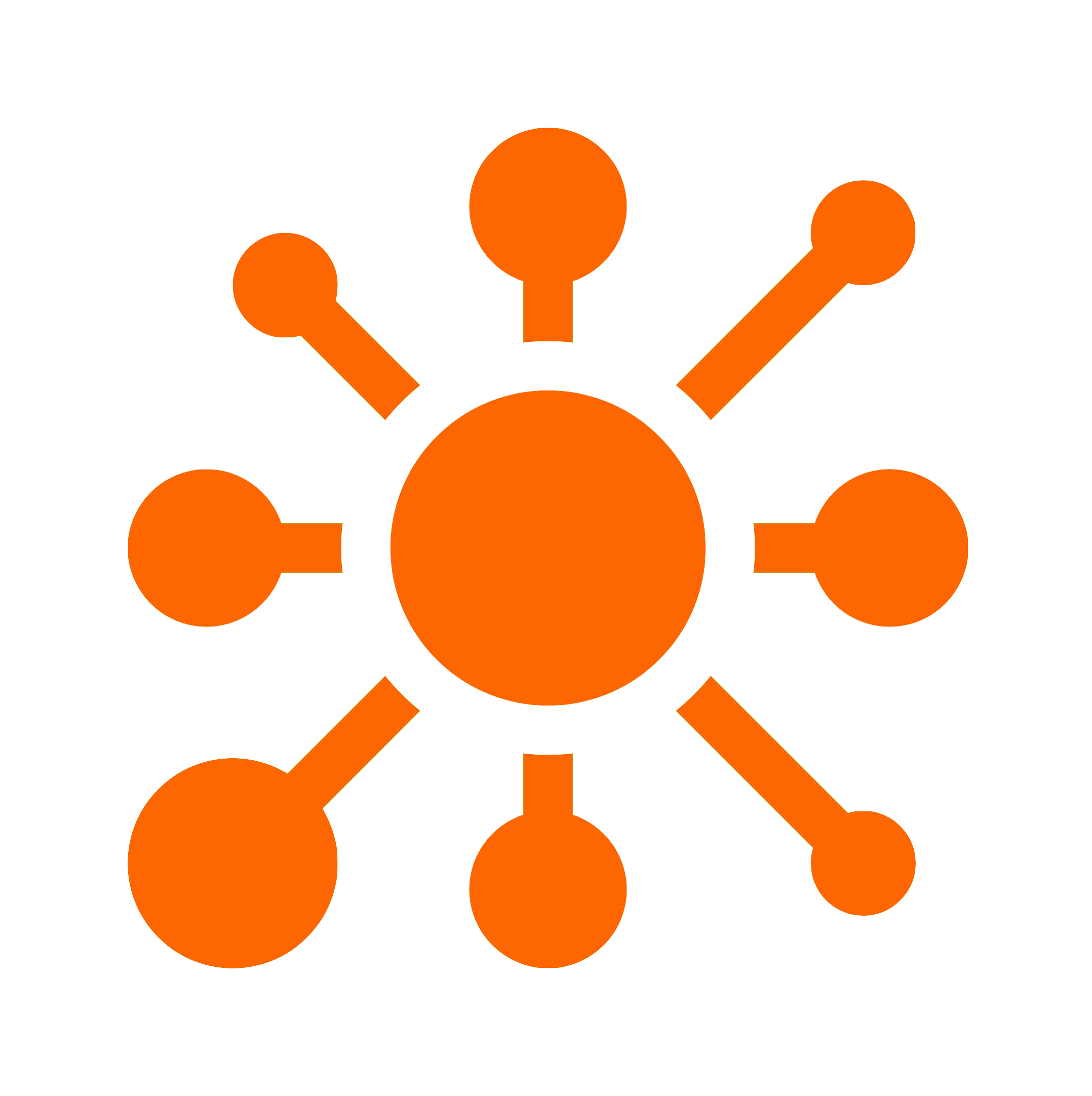 A digital icon of a network with a large central circle and smaller connected circles in orange on a black background.