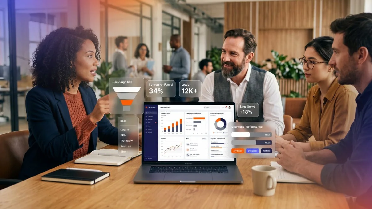 Team collaborating around a HubSpot dashboard with visible marketing, sales and performance metrics, representing an integrated CRM ecosystem connecting multiple business functions.