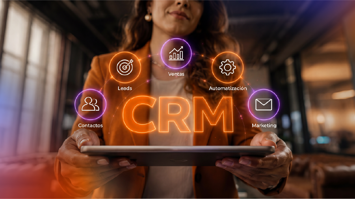 Professional holding a digital CRM interface displaying contacts, leads, sales, marketing, and automation functions, representing the strategic configuration of HubSpot around business objectives and customer management.