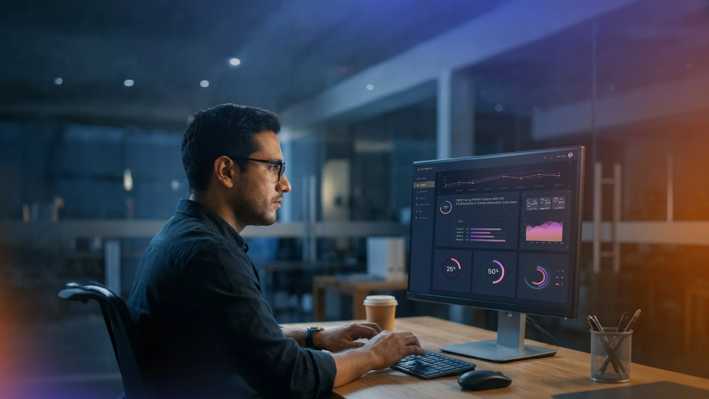 Professional analyzing marketing dashboards on a desktop screen, representing performance tracking, optimization and strategic media management.